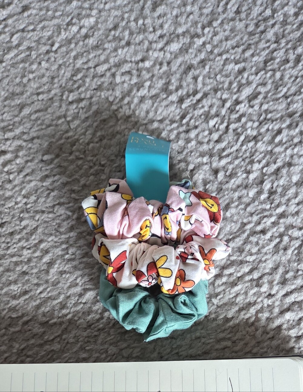 Posh Peanut Set of 3 Floral & Solid Scrunchies - Pink, Teal, Mint
